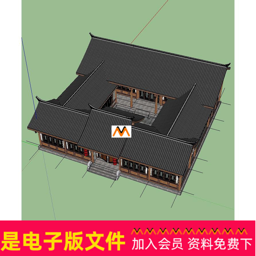 x45南方仿古四合院一颗印传统民居民宿客栈茶楼饭店设计su模型图
