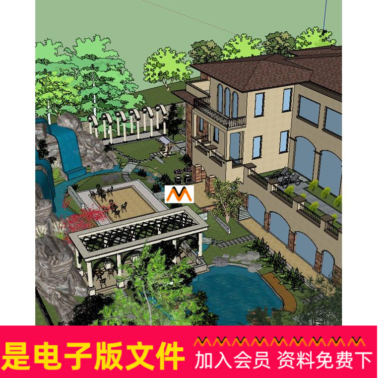 A71欧式别墅民国风别墅庭院子院落园林绿化景观规划设计SU模型图