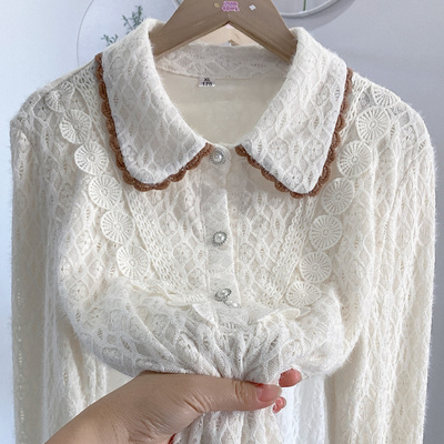 拼色花边娃娃领蕾丝衬衫
