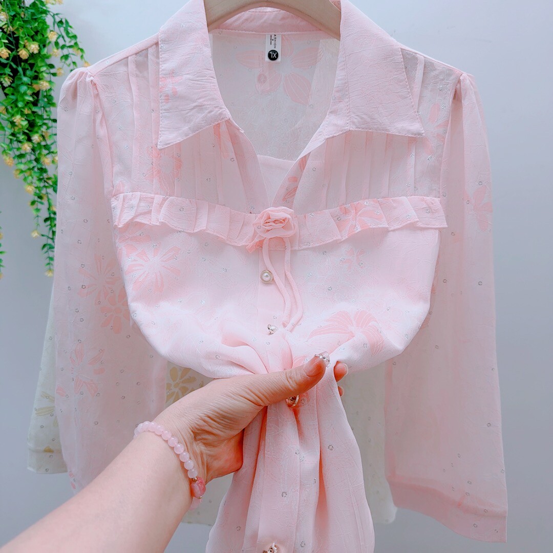 甜美风蝴蝶结系带碎花雪纺衫女长袖荷叶边减龄洋气小众上衣打底衫