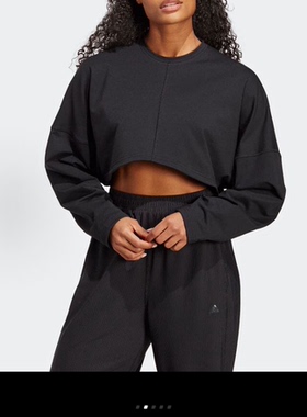 adidas 纯色圆领套头短款长袖卫衣 女款 黑色 hs8121