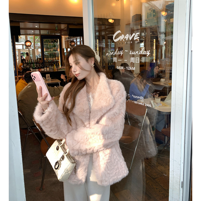 本希/ 大翻领环保小湖羊毛 仿皮草温柔风甜美皮毛一体毛绒绒外套