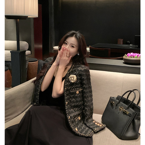 黑色气质粗花呢小香风短外套女
