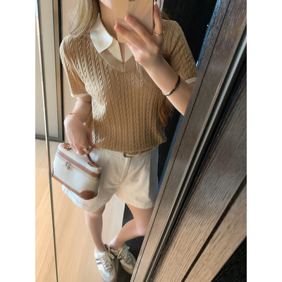 5.07新品 本希benxe韩调女主~老钱风撞色假两件翻领绞花针织t恤