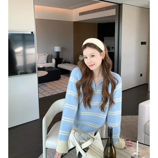 毛衣 翻领减龄双色条纹拼接宽松针织衫 本希benxe 韩系娃娃领