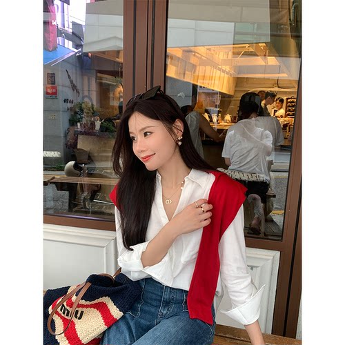 白色设计感长袖V领刺绣衬衫