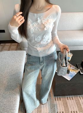 本希benxe /柔欲白开水 设计立体花朵小众蕾丝白色长袖