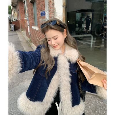 本希benxe 暮色庄园/灯芯绒牛仔色皮草毛毛派克服皮毛一体厚外套