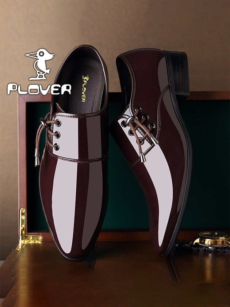 PLOVER LEATHER SHOES MENS AUTUMN KOREAN VERSION YOUTH POINTED TOE LEATHER BUSINESS SHOES LEATHER SHOES VERSATILE SHINY WEDDING SHOES