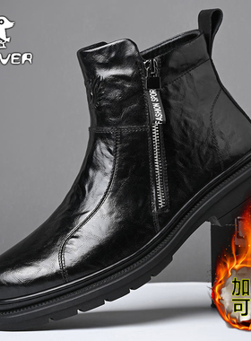 Plover马丁靴男冬季新款真皮高帮时尚男士切尔西靴加绒保暖棉皮鞋