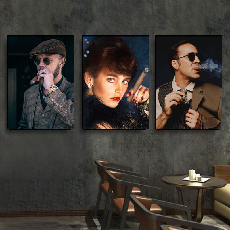 雪茄装饰画复古烟酒挂画丘吉尔切格瓦拉海报壁画硬汉抽雪茄有框画