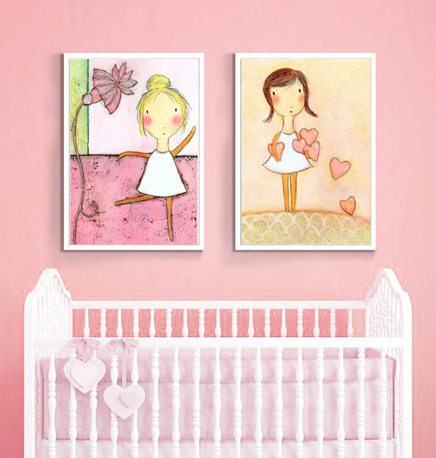 儿童房装饰画女孩房间卧室床头挂画韩式粉色少女ins北欧卡通壁画
