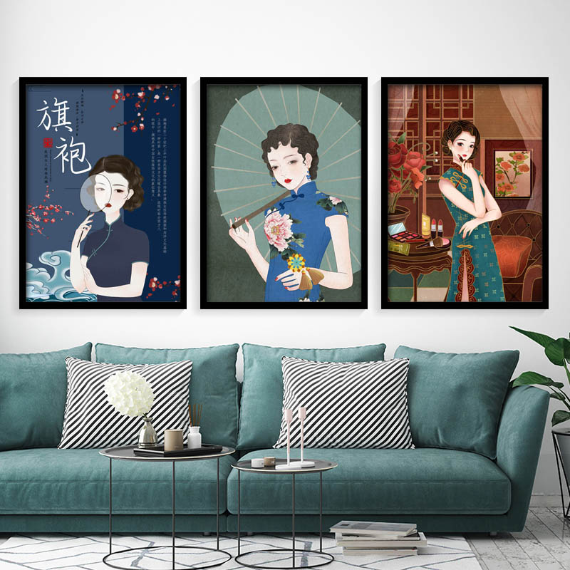 民国风装饰画传统服装店墙画老上海人物旗袍美女挂画复古怀旧壁画