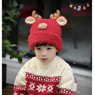 儿童毛线帽子红色冬季2025新款女孩男宝小鹿角洋气时尚圣诞节头饰