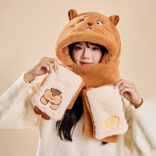 土拨鼠帽子围巾一体手套三件套2025新款大男孩女冬季围脖小孩冬天