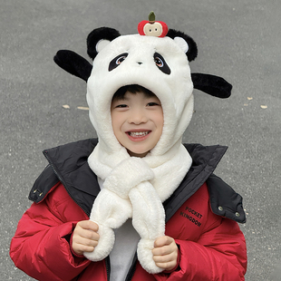 大熊猫帽子围巾一体儿童2025新款小男孩捏耳朵会动的围脖冬季成都