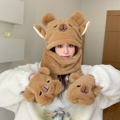 卡皮巴拉帽子围巾一体儿童手套2025新款冬男孩女捏耳朵会动的围脖