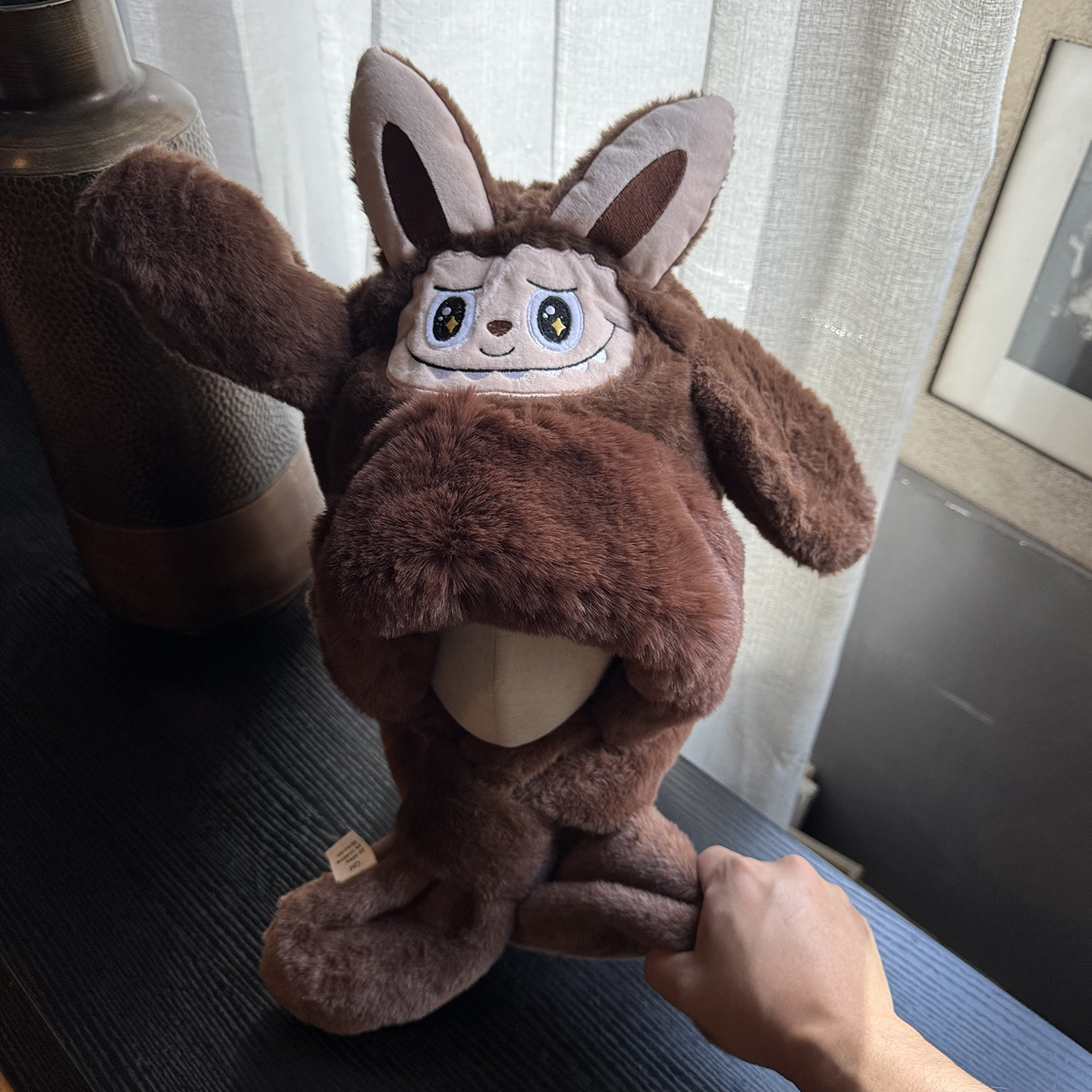 拉布布帽子围巾一体儿童围脖2025新款冬大男孩捏耳朵会动的labubu