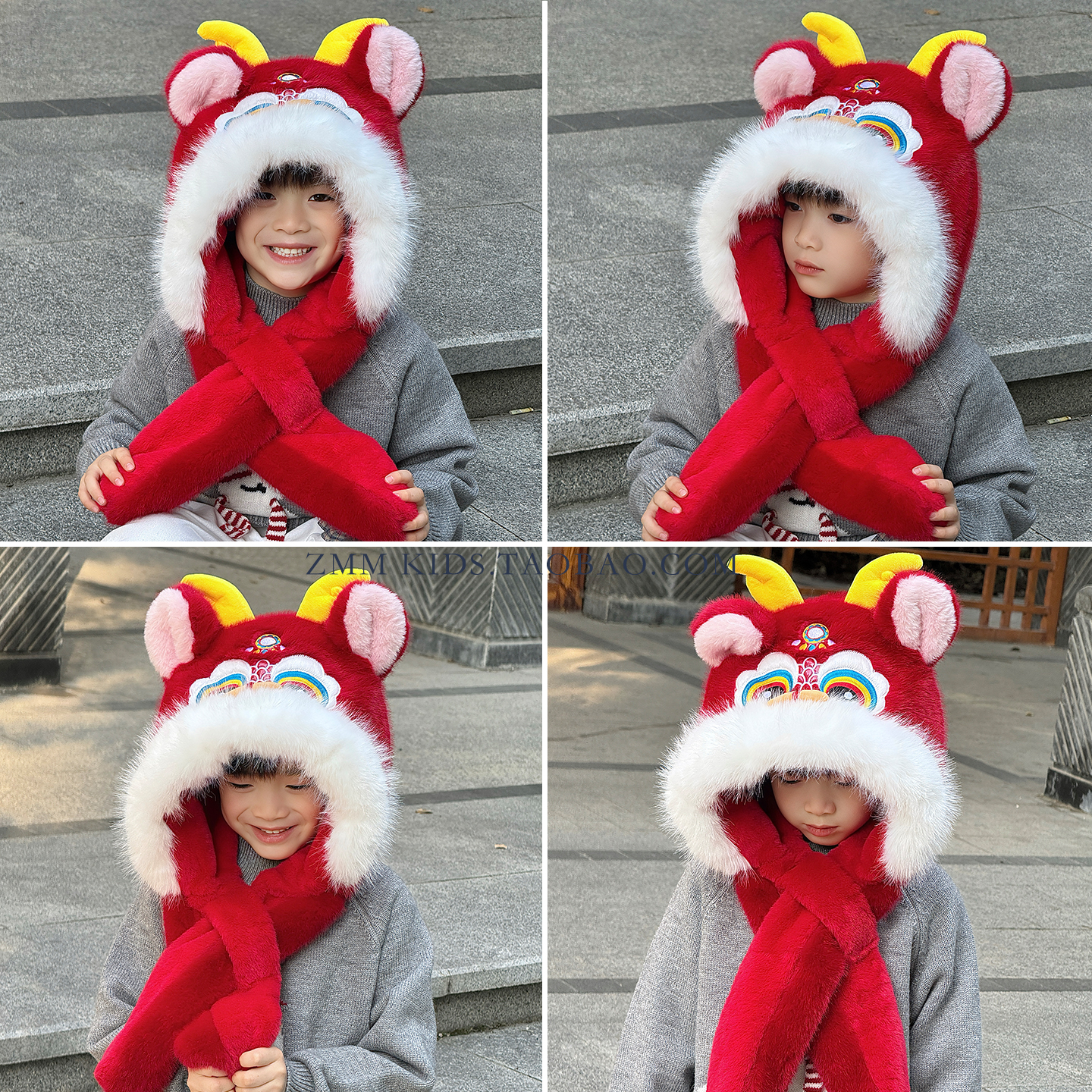 红色帽子围巾一体2025新款冬男孩新年过年龙虎头年兽捏耳朵会动的