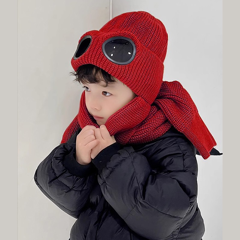 红色儿童帽子围巾一体冬季围脖2025新款中大男孩宝小痞帅冬天新年