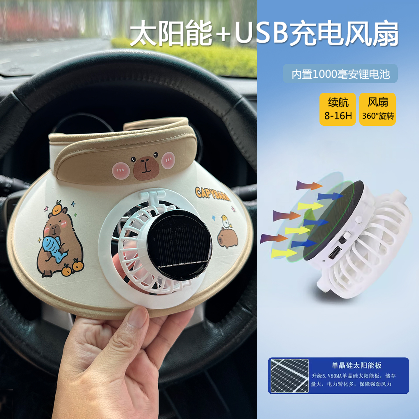 卡皮巴拉帽子儿童带电风扇的凉太阳能防晒遮阳2025新款小男孩夏季