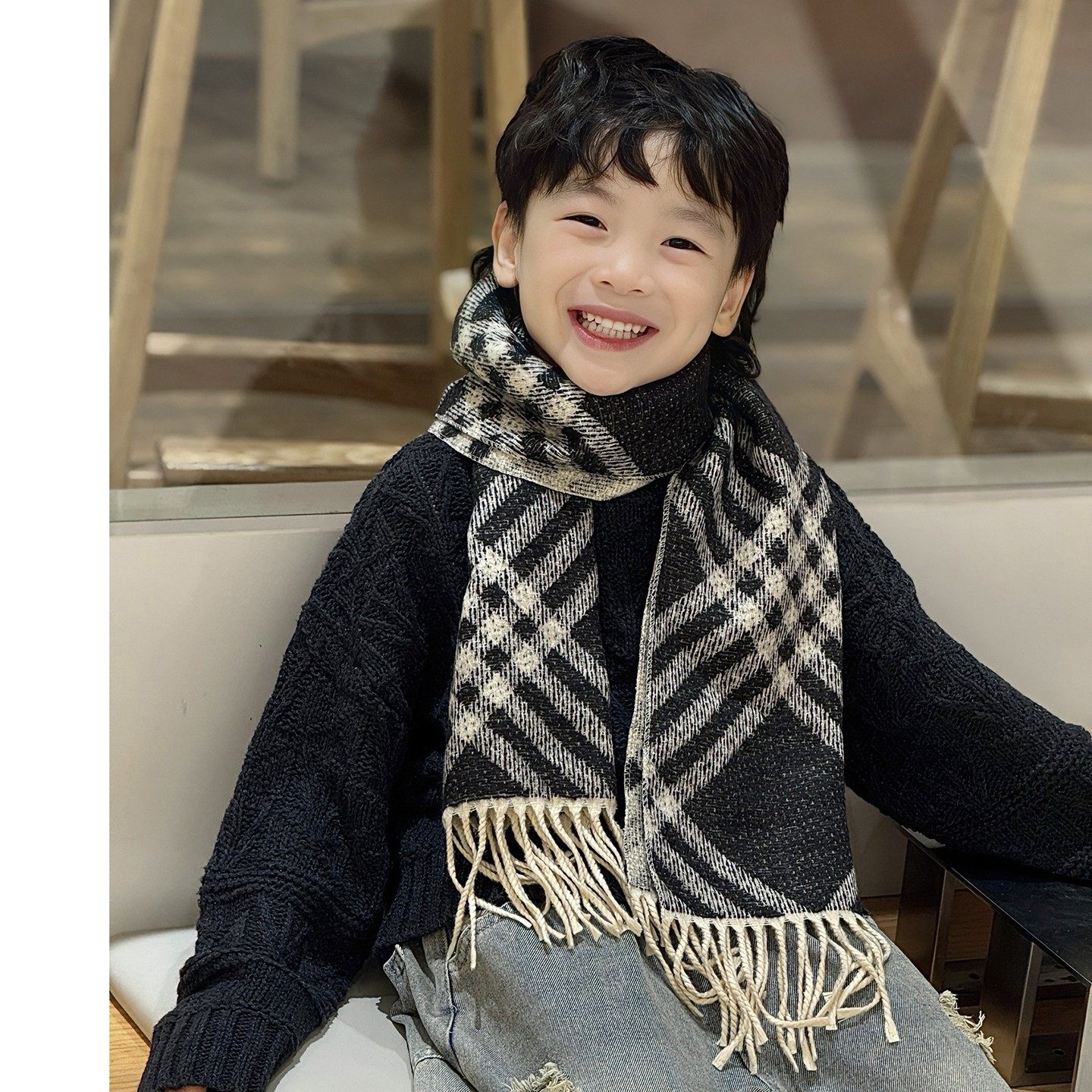 儿童围巾小男孩宝黑白秋冬季2025新款中大护颈围脖脖套冬天痞帅气