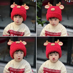 儿童毛线帽子红色冬季女孩男宝小新年过年拜年喜庆马本命年圣诞节
