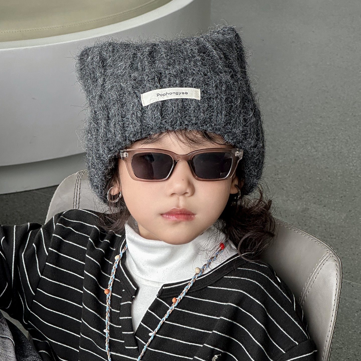 儿童毛线冷帽子针织2025年新款冬季中大男孩女宝小痞帅气猫耳朵潮