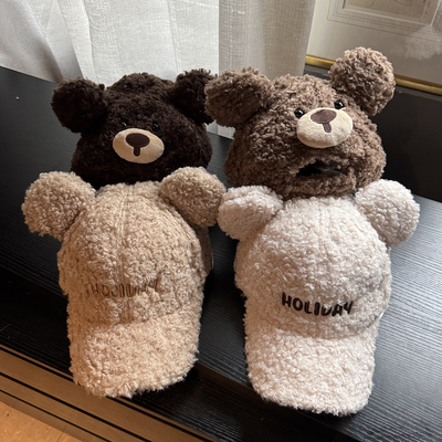 儿童棒球帽子小熊2025年新款冬季中大男孩宝羊羔毛绒鸭舌痞帅炸街