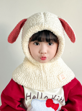 儿童帽子连围巾一体小兔子耳朵冬季带围脖的大女孩宝护耳头套冬天