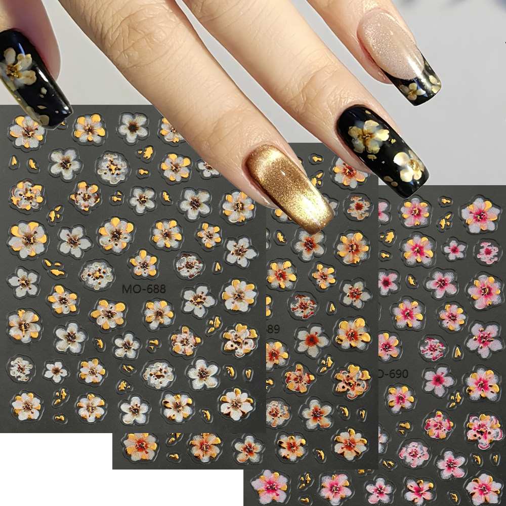 复古日系花朵带金五瓣花美甲贴纸浮雕薄韧黑金有钱花指甲装饰贴花,彩妆/香水/美妆工具,指甲装饰,淘宝优惠券,粉丝福利购,淘宝优惠卷