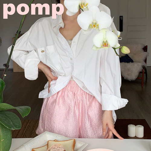 pomp原创设计珠光粉女士夏季蓬蓬花苞简约显瘦度假风休闲裤短裤