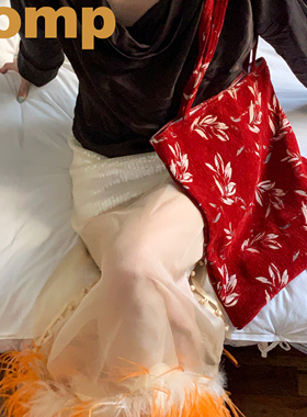 pomp原创设计红色丝绒竹叶复古新中式百搭通勤托特包休闲手提单肩