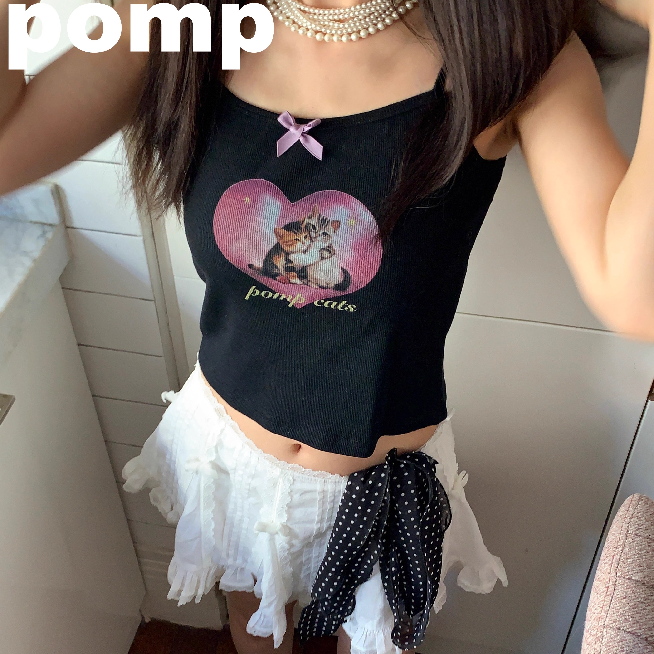 pomp原创设计印花像素爱心小猫黑色蝴蝶结吊带背心ins风韩女夏款