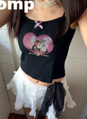 pomp原创设计印花像素爱心小猫黑色蝴蝶结吊带背心ins风韩女夏款