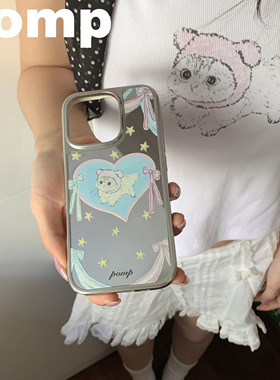 pomp原创设计手绘咪咪帽子小猫墨镜小猫苹果撞色ins日韩风16pro15promax镜面手机壳