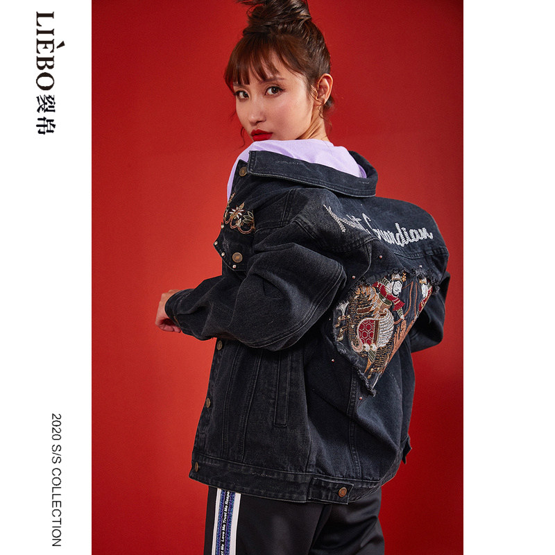 裂帛2020春季新款bf风复古做旧刺绣铆钉舒适廓形潮牛仔外套女