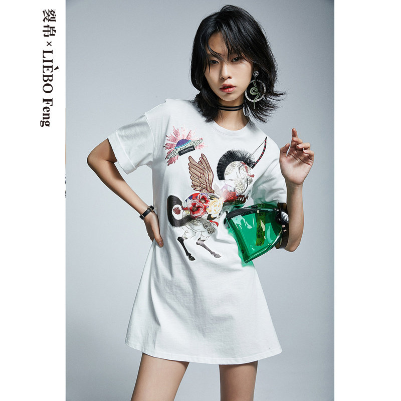 裂帛LIEBOFeng2020夏季新款小众重工亮片刺绣收腰显瘦t恤连衣裙女