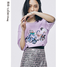 裂帛LIEBOFeng商场同款2021年新款国潮刺绣马卡龙紫圆领宽松T恤女图片
