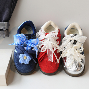 蝴蝶结蕾丝加绒童鞋儿童板鞋公主德训鞋子女童休闲运动鞋二棉鞋