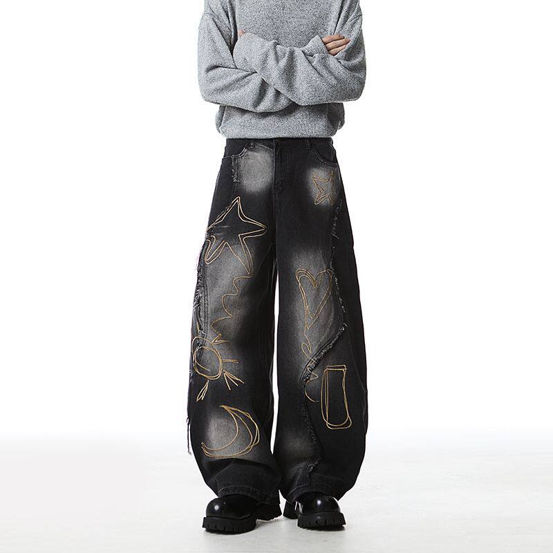 黑色渐变水洗破洞牛仔裤男女2025秋季新款街头hiphop痞帅女生阔腿