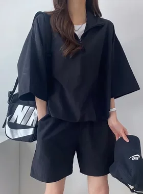 外贸高领拉链短袖短裤女装两件套款春夏季时尚休闲运动服套装宽松