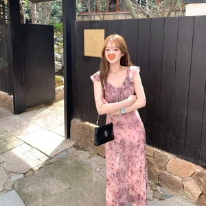长款蝴蝶印花荷叶边茶歇连衣裙女2025夏季收腰气质绝美度假风裙子