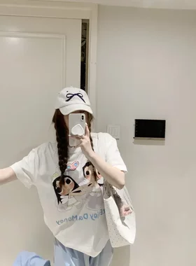 2026夏季新款女装宽松百搭休闲纯棉短袖t恤白色ins女款印花上衣潮