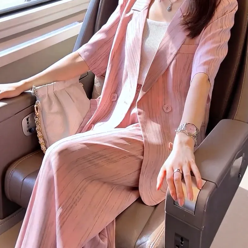 2627大码女装西装套装夏季新款薄款垂坠感宽松西服阔腿裤两件套