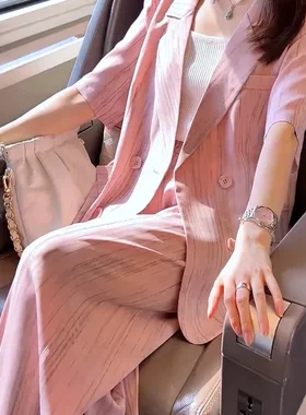 2627大码女装西装套装夏季新款薄款垂坠感宽松西服阔腿裤两件套