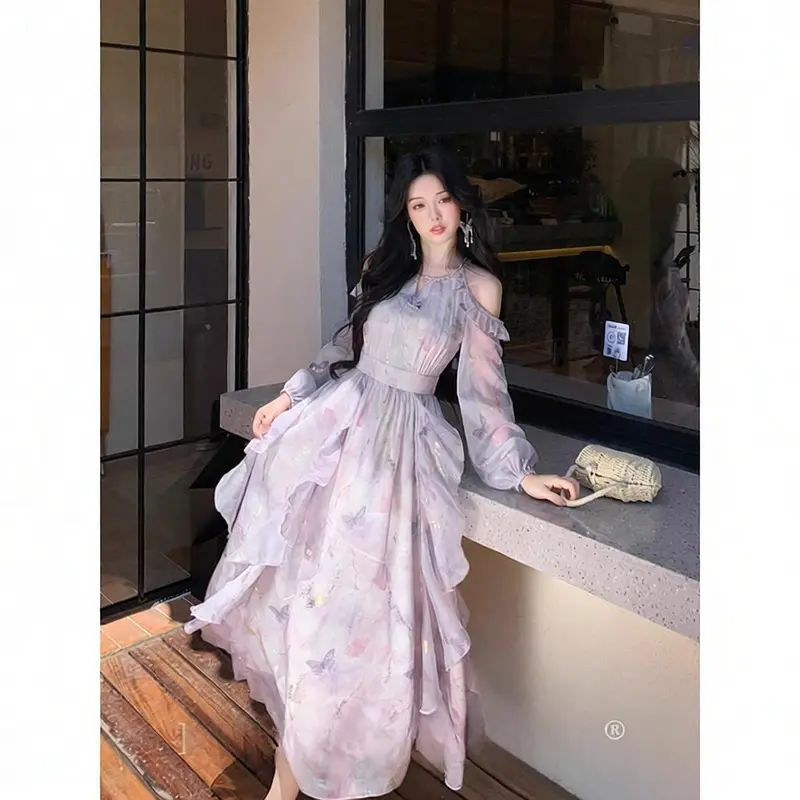 气质优雅露肩不规则荷叶边蝴蝶印花长袖连衣裙女春秋季新款仙女裙