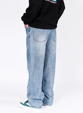 STC美式街头复古休闲运动百搭男女直筒宽松街舞嘻哈滑板牛仔长裤