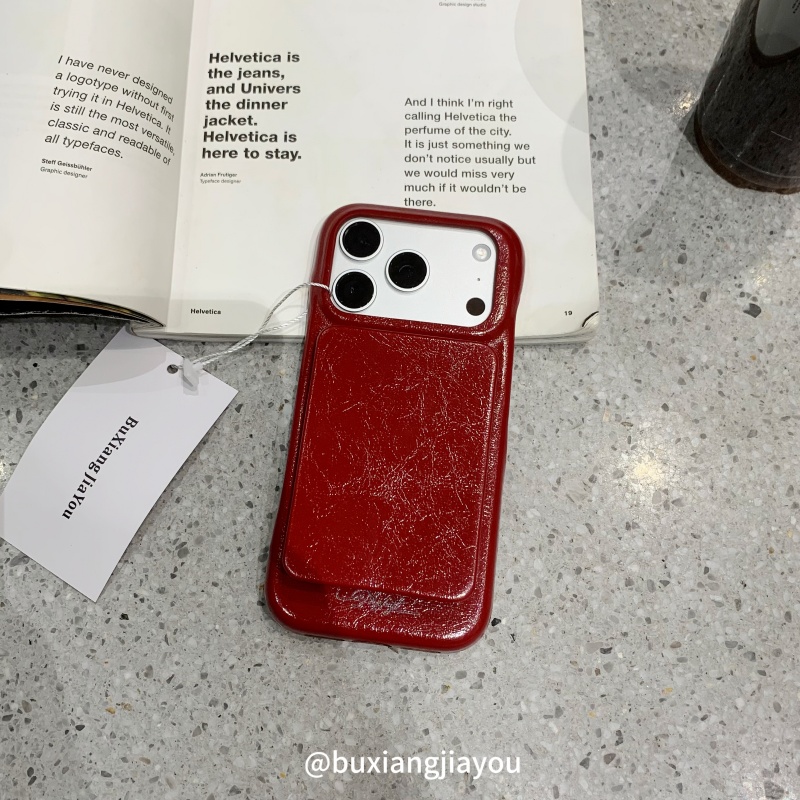 不想加油ins小众酒红牛皮纹折叠镜子手机壳适用苹果17ProMax高级感16防摔手机壳iPhone13/14半包防摔保护套15