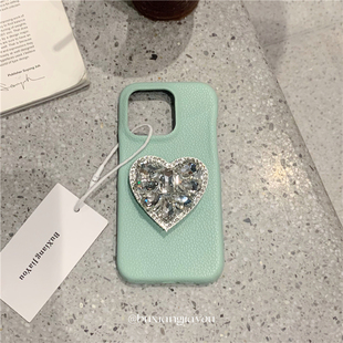 不想加油ins小众薄荷绿荔枝纹爱心水钻手机壳适用苹果15ProMax高级感手机软壳iPhone13/14全包边防摔保护套12